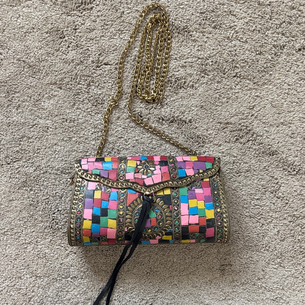Vibrant Mosaic Clutch with Gold Chain